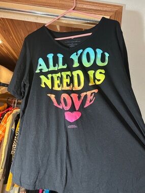 Black Short Sleeve Tee with Rainbow "All You Need Is Love" Graphic